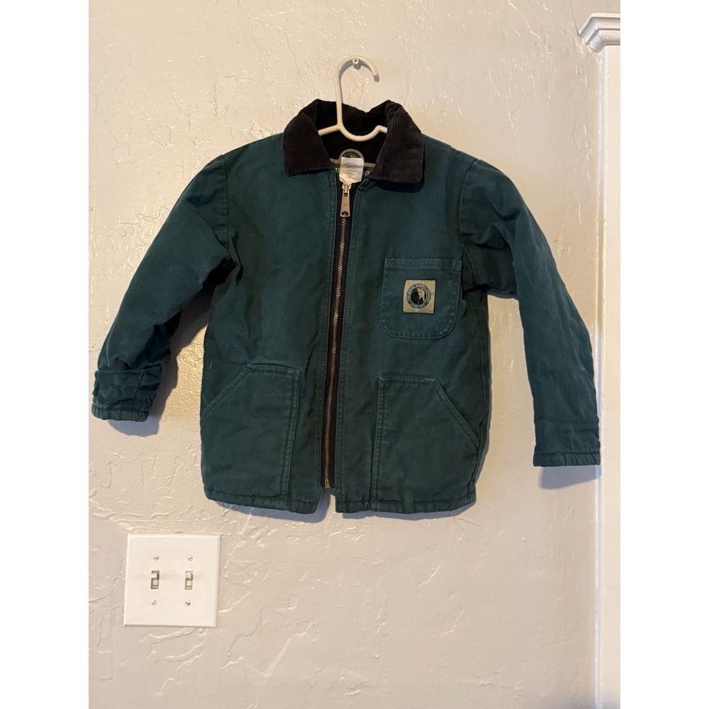 Berne Duck Canvas Work Jacket Kids Medium Green Corduroy Collar Quilted Lined